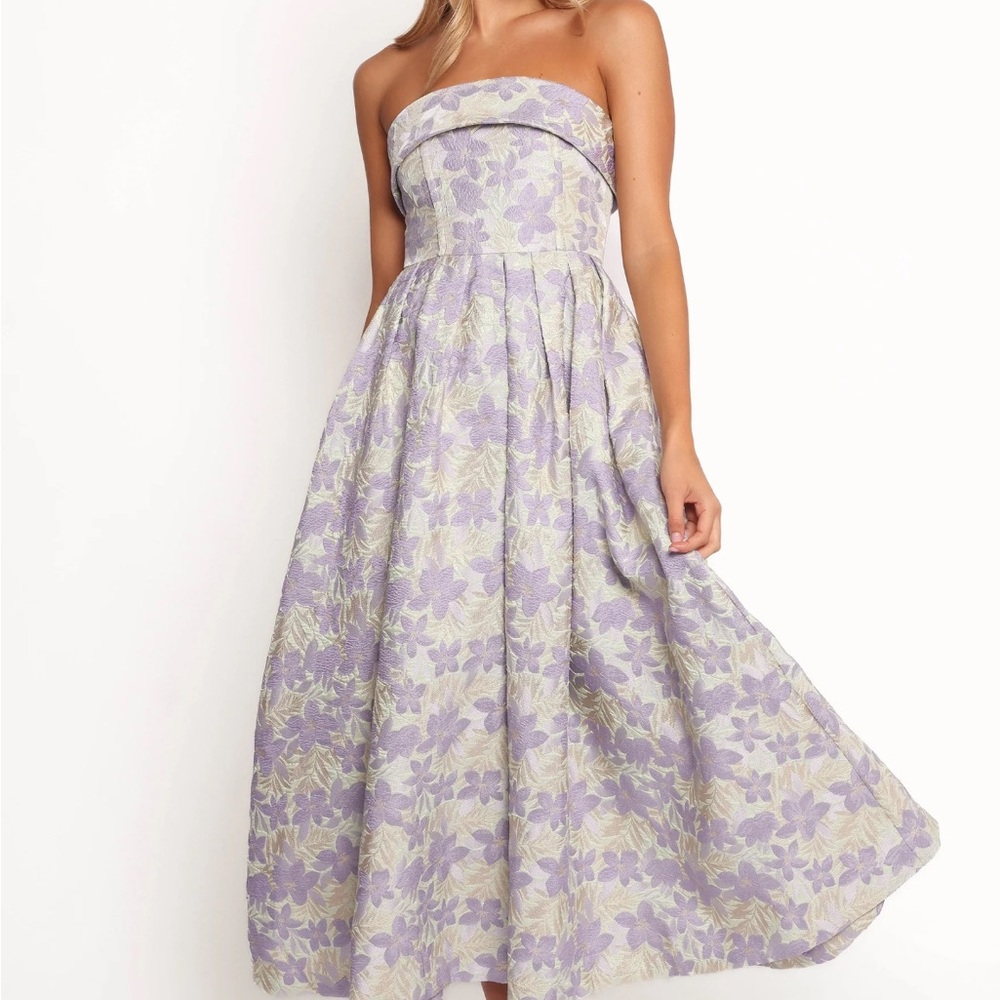 Petal & Pup Lavender and Cream Strapless Floral Midi Dress
